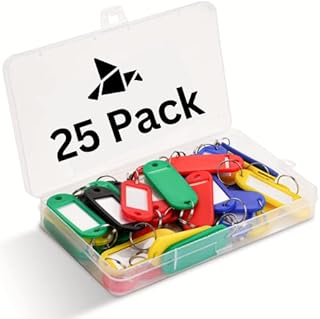 25 Pack Key Tags with Labels - 5 Colours, Plastic Box, 25 Extra Paper Labels - Keyrings & Key Fobs