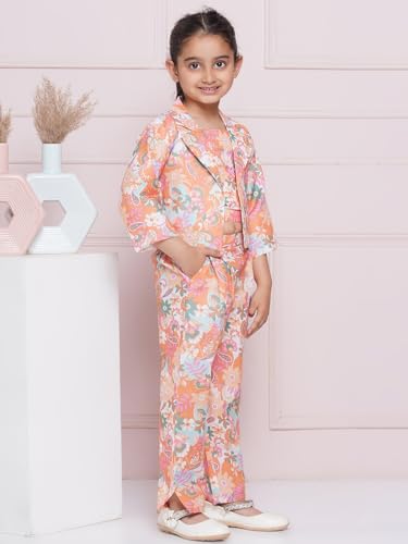 Image of AJ DEZINES Kids Casual Wear Printed Cotton Top Pant and Jacket Clothing Set for Girls