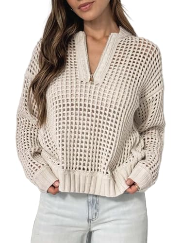 Women's Crochet Quarter Zip Sweater Hollow Out Long Sleeve Knit Pullover Knitted Sweater Tops