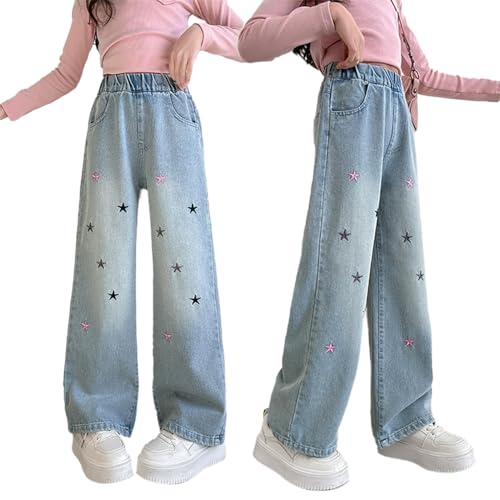 Tween Girls Star Embroidered Wide Leg Jeans Casual Elastic Waist Denim Pants with Back Pockets Kids Baggy Jeans