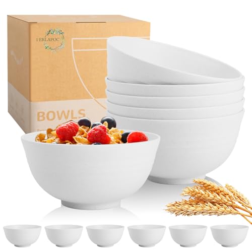 Image of Wheat Straw Bowls 26 OZ, Plastic Bowls Reusable, Unbreakable Cereal Bowls Set of 6, Small Soup Bowl Salad Bowl for Kitchen, Microwave & Dishwasher Safe, White