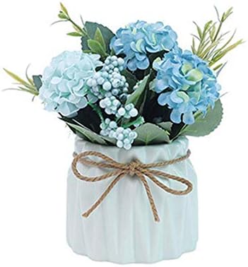 Hisow Fake Hydrangeas with Pot, Mini Hydrangea Artificial Flowers Artificial Plant in Ceramic Vase for Office Desktop Decorations (Blue)