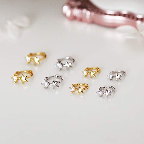 Cute CZ Star Cartilage Mini Tiny Cuff Small Hoop Earrings for Women Teen Girls Sensitive Ear S925 Sterling Silver Dainty Tragus Huggie Hoops Sleeper Hooped Hypoallergenic Piercing Jewelry Gifts Bff2