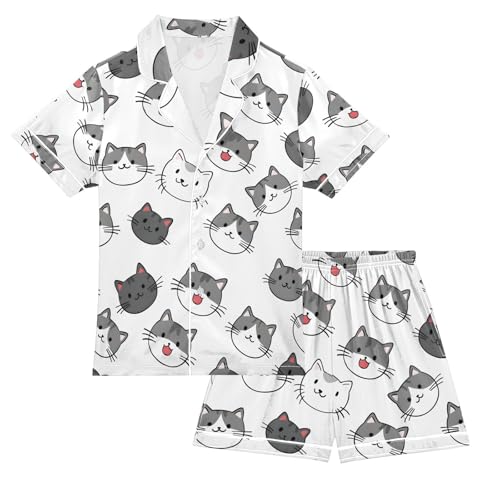 ALAZA Cat on White Pajamas Satin Pajama Set Short Sleeve Button Down Sleepwear