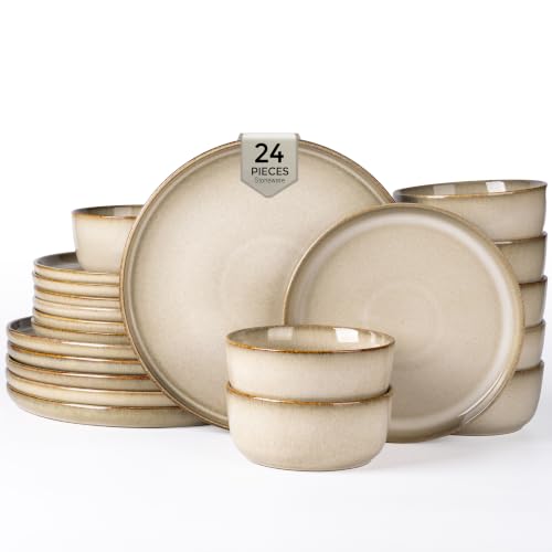 Image of GBHOME Dinnerware Sets for 8, 24 Pieces Stoneware Plates and Bowls Sets, Scratch Resistant Dishes, Dishwasher & Microwave Safe, Reactive Glaze