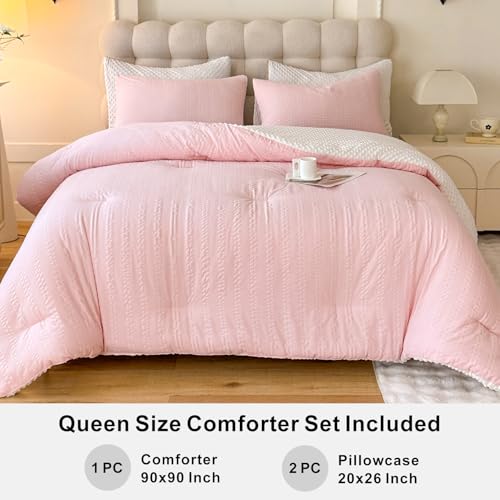 Image of tohrisa Boho Comforter Set Queen Size Striped Pleats Bohemian Seersucker Bedding Set All Season Soft Cozy 3 Pieces Quilt with 2 Pillowcases(90 inchX90 inch Blush Pink)