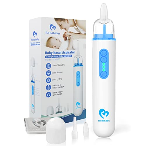Image of Baby Nasal Aspirator, Bellababy Baby Nose Sucker, Baby Booger/ Snot Remover with 3 Suction Levels, 2 Tips and Light Soothing Function, Rechargeable, Mute, Anti-Backflow, with Carrying Bag (Dark Blue)