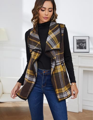 Image of YACUN Women Plaid Vest Lapel Open Front Sleeveless Cardigan