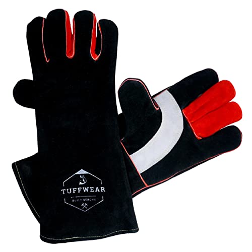 Tuffwear 932℉ Premium Real Kevlar Thread Leather Welding Gloves/Mig/Tig/Stick/Forge,Men,Women/Bbq/Campfire/Fire Pit,Wood,Stove,Cooking, (16 Inch, Black Red White) #TOP7
