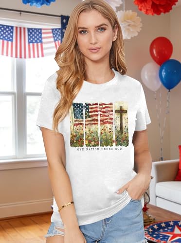 Image of Ithalt Christian Tshirt Womens 4th of July Shirt American Flag T Shirt USA Patriotic Tees Faith Short Sleeve Tops