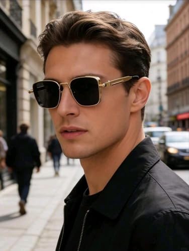 نظارة شمسية عصرية بإطار معدني بنمط بانك، نظارة بإطار كبير مناسبة للسفر في الهواء الطلق (ذهبي وأسود)