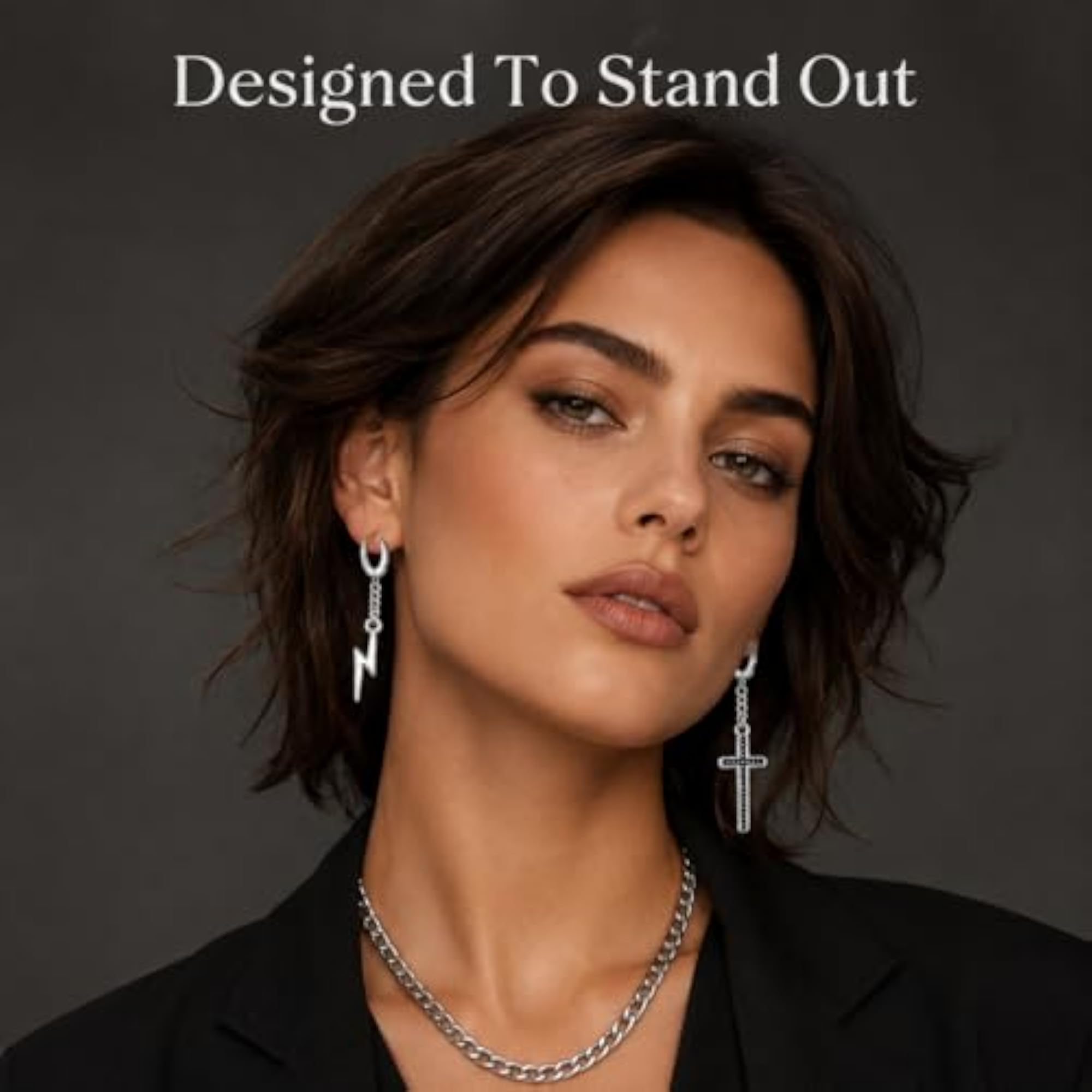 Zikzak Chain Black and Silver Stainless Steel Earrings, Unisex