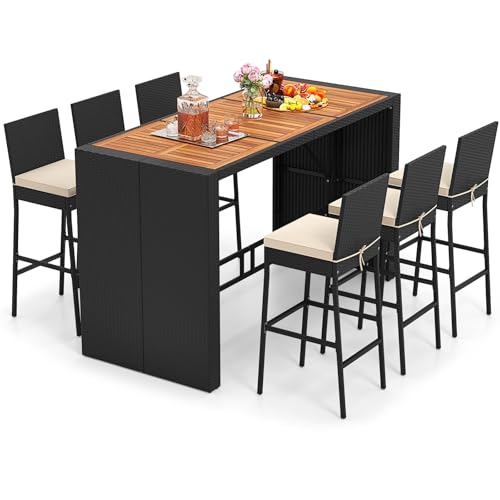 Tangkula 7 Piece Patio Wicker Bar Set, Patiojoy Outdoor Acacia Wood Bar Height Table & 6 Rattan Bar Stool Chairs with Backrest and Footrest, for Bistro Garden Balcony