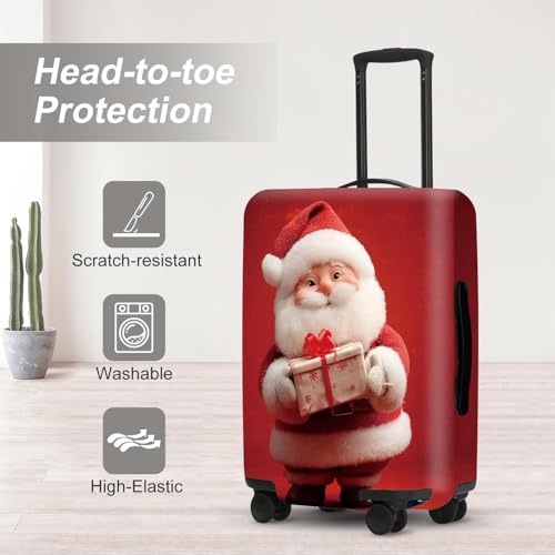 Image of Doll Style Luggage Cover - 3D Santa Holding Present on Red Background, Unique Suitcase Protector for 18 20 22 Inch Bag