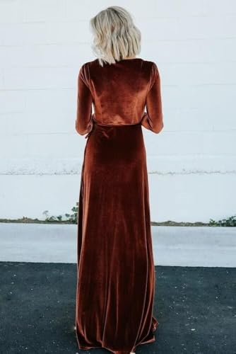 Women's Velvet Bridesmaid Dresses Long Sleeve V Neck Wrap Formal Evening Gowns with Slit4