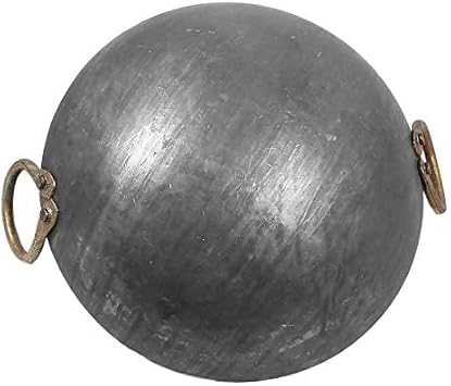 Traditional Iron Deep Kadai Frying Pan Cooking Fry Heavy Base Multipurpose Use Kadhai Handmade with Handle Golden Rings Silver Color 8 in 20 cm 1.5 liters Induction Friendly