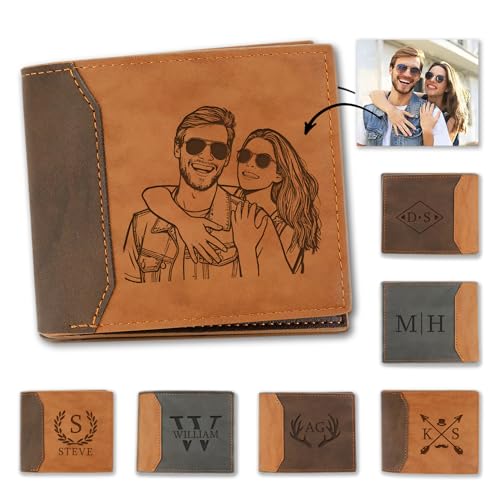 YBDLLE Personalised Wallets for Men Engraved WalletGift for Father Custom Name & Photo Wallet for Him Double-Sided Fold Birthday Gift for Dad Husband Boyfriend (3 Colors)