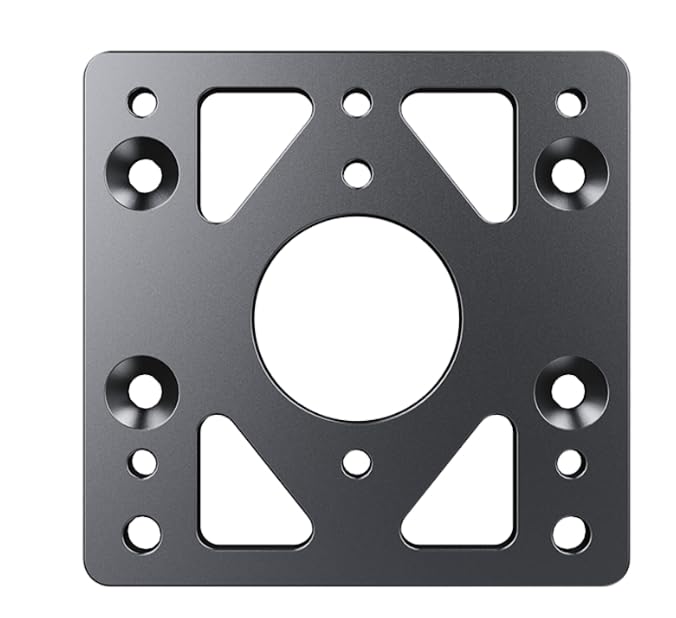 Top-down view of the MOZA Universal Base Mount Adapter, a square metal plate with various circular and triangular cutouts and screw holes for mounting.