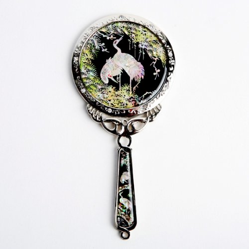 Mother of Pearl Princess Crane and Pine Tree Design Cosmetic Makeup Small Hand Mirror with Crane Design