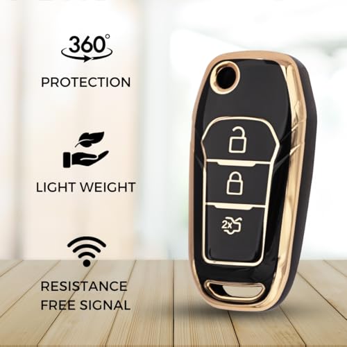 Image of KEYCEPT Gold Line TPU Key Cover Compatible for Ford Figo | Aspire | Endeavour | 3 Button Flip Key with Keychain. (Type 2, Black)