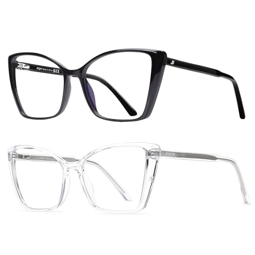 Image of 2 Pack Blue Light Blocking Glasses for Women, Oversized Trendy Cat Eye Computer Gaming Glasses Anti Glare & UV Glare RF6204 (Black + Clear Cateye Frame)