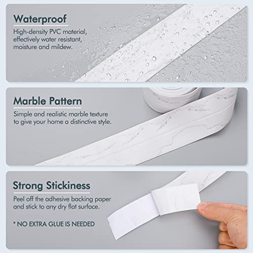 Image of Dstorelhp 2PCS Caulk Tape, White Marble, 1.5 inch x 10.5Ft | Waterproof, Self Adhesive, Peel and Stick, For Countertop Bathroom Toilet Bathtub Sink Shower Wall Trim, Easy to Install