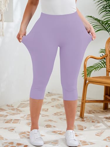 AusLook Plus Size Capri Leggings for Women with Pockets High Waisted Tummy Control Cropped Light Purple 5X Leggings Buttery Soft Stretch Casual Lounge Workout Pants — view 4