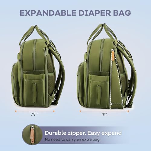Image of RUVALINO Diaper Bag Backpack-Expandable Baby Bag with up to 50% Capacity -Baby Essentials Bag with Changing Pad Insulated Bottle Holders & Pacifier Case, Waterproof, Army Green XL
