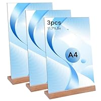 Thboxes 3 Stück Tischaufsteller A4, Transparent Preisschilder Aufsteller Acryl mit Holzfuß, Vertikaler L-Ständer Doppelseitig Tischständer für Menükarten Prospekte Werbung Restaurant Café Büro