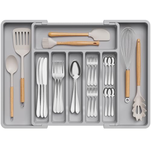 Lifewit Extendable Cutlery Drawer Organiser Adjustable Cutlery Tray Plastic Adjustable Kitchen Storage Dividers for Utensil Spoons Forks Knives 8 Compartments 33-57 x 38cm Grey