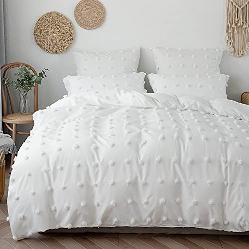 bpblgf Funda Nordica Cama con Pompones, Juego de Fundas Nórdicas BlancoFunda Edredon Color Sólido Microfibra Suave Transpirable y 2 x Fundas de Almohada de 50x75 cm,Blanco,135 * 200CM