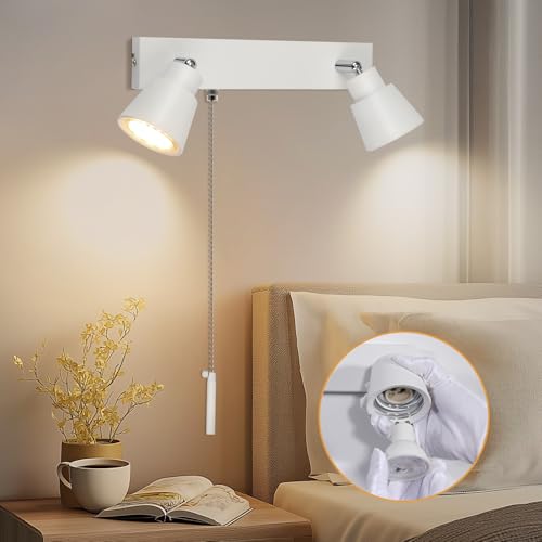 TaFiCo Blanco Lámpara de Pared con Interruptor de Tirador 2 Focos GU10 - Lámpara Moderna Interior Giratorio 350° - Aplique de Pared de con Interruptor para Dormitorio Salón Cocina - Sin Bombilla