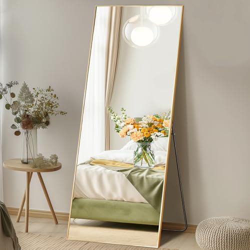 DUMOS 63"x20" Full Length Mirror with Stand Floor Free Standing Aluminum Frame for Bedroom Body Hanging Leaning Modern Simple Home Decor Shatter-proorf Nano Glass Wall, Gold-Rect Edge