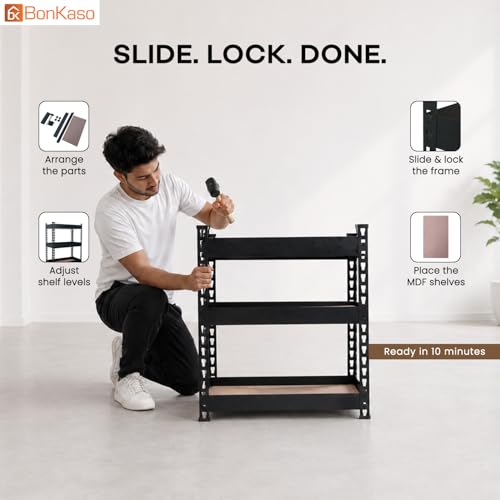 Image of Bonkaso 3 Tier Multipurpose Storage Rack for Kitchen & Bathroom | Countertop Organizer Basket Stand | Large Space-Saving Metal Storage Shelf for Home & Office | Black | 60x36x69 cm