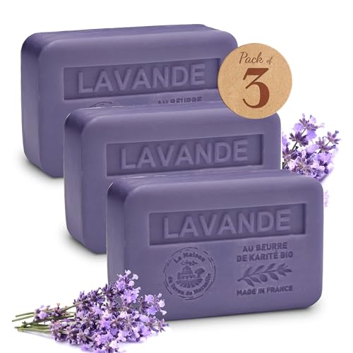 La Maison du Savon 3x250g Lavendelseife angereichert mit Bio-Sheabutter, 97% natürliche Inhaltsstoffe, Traditionelle Französische Herstellung in der Provence, dreifach gewalzt