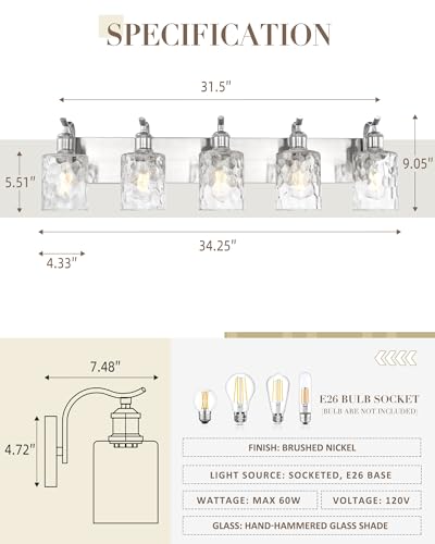 Image of Bathroom Vanity Light Fixtures Over Mirror 5-Light Hammered Glass Wall Mounted Modern Brushed Nickel - VL01BNH-5