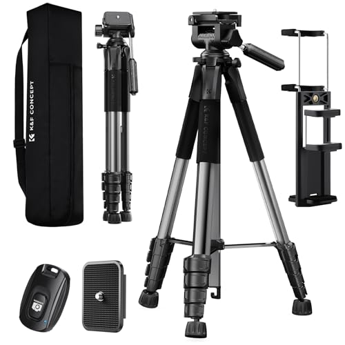 Image of K&F CONCEPT 75 inch Aluminum Camera Tripod, Lightweight and Compact for Travel | Compatible with Canon Nikon DSLR Camera, Cellphone Clip and Remote Control for Shooting and Video Recording S255A3+BV01