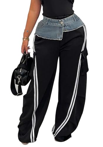 LETSVDO Women's Wide Leg Cargo Sweatpants High Waist Baggy Denim Patchwork Pants Casual Striped Track Pants