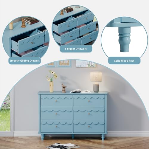Image of Anbuy Blue Scalloped Nursery Chests and Dresser for Kids Bedroom Wood 6 Drawer Dresser, Dressers & Chests of Drawers with Metal Handles for Bedroom, Nursery, Hallway