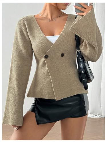 Verdusa Women's V Neck Button Wrap Cozy Cardigan Sweater Flare Sleeve Old Money Clothes3