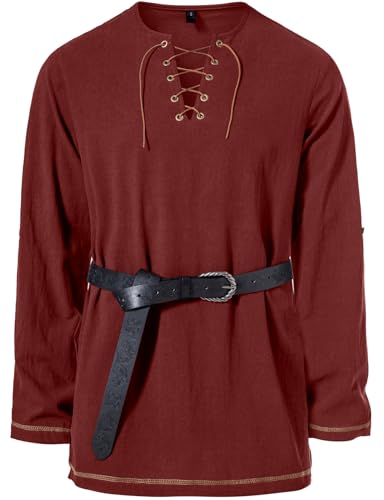 Image of JEMITOP Men's Pure Cotton Vintage Lace Up Shirts for Pirate Renaissance Viking Medieval Costume Without Belt