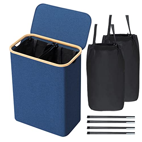 BRIAN & DANY Wäschekorb 2 Fächer, Wäschesortierer mit Deckel, 123L Faltbarer Wäschesammler Wäschetonne, Blau