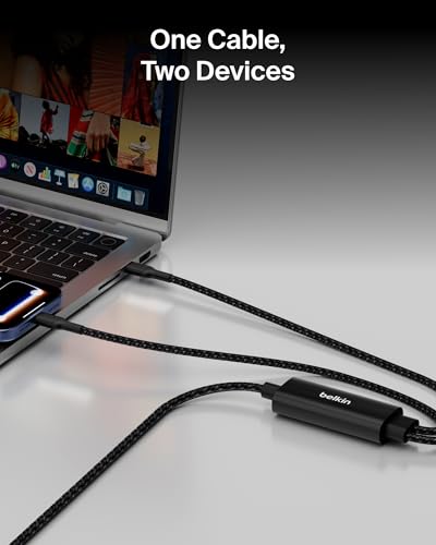 Image of Belkin 2-in-1 USB C to USB C Cable 140W, 5ft Braided Dual Charging Cable - Fast-Charging Combo Cord w /Smart Power Sharing for MacBook, iPhone, iPad, Samsung, Pixel, & More - Travel Essentials - Black