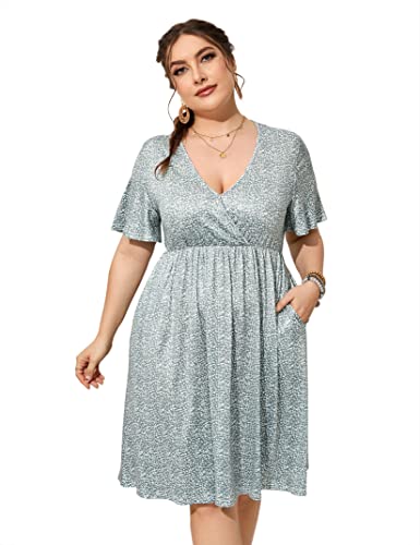 Image of ShopWonder Plus Size Dress Women's V Neck A-Line Knee Length Wrap Swing Dresses Plus Size A Line Party Mini Dress