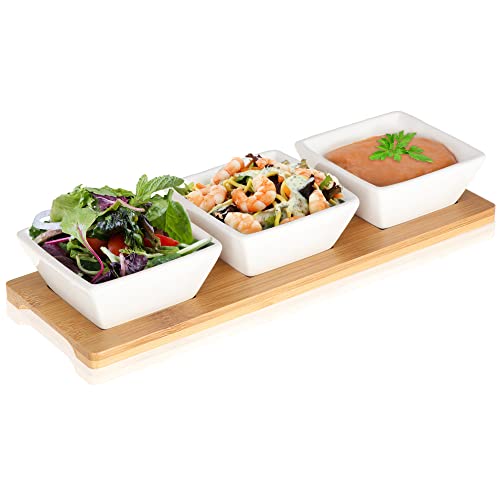Robin Goods® Juego de Cuencos de cerámica de 4 Piezas con Tabla de bambú - Cuencos para Aperitivos sobre Tabla para Servir para el Desayuno Buffet - Bandeja para Salsa (4 Piezas. - Cuencos con Tabla)