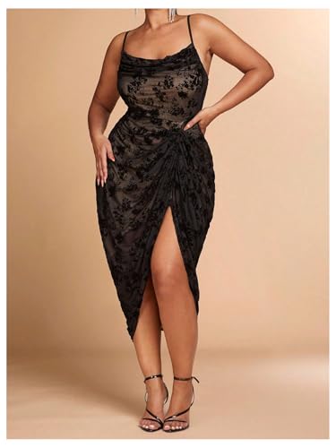 Image of WDIRARA Women's Plus Size Tie Dye Bodycon Long Dress Cowl Neck Sleeveless Ruched Split Cami Dresses