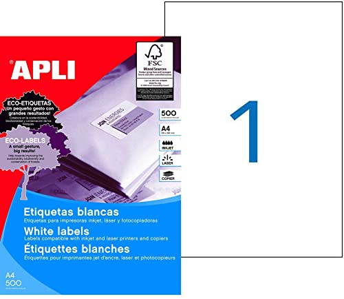 Apli 1788 - Etiquetas Permanentes adhesivas imprimibles, Inkjet-Laser-Copy, tamaño etiqueta 210 x 297 mm, cantos rectos, …