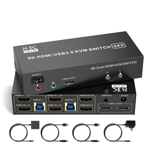 8K HDMI KVM Switch 2 Monitors 2 Computers Support 8K@60Hz 4K@120Hz, Dual Monitor KVM Switcher PC Extended Display for 2 Port Share 4 USB 3.0 Keyboard Mouse Hard Drives Printe with Desktop Controller