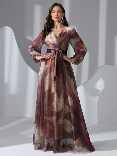 Image of TOLEEN Summer Casual Dresses for Women 2024 Spring Fashion Boho V Neck Long Sleeve Ruffle Floral Print Elegant Maxi Dress