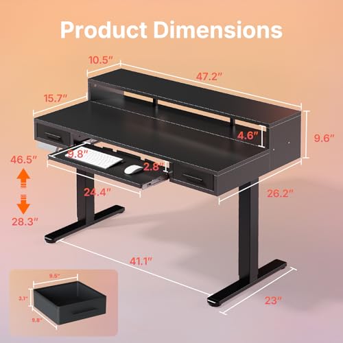 Image of HUANUO 48″ x 26″ Electric Standing Desk with 2 Drawers &24.4″ Large Keyboard Tray, C-Clamp Mount Compatible, Adjustable Computer Desk for Office, Sit Stand Up Desk with 4 Height Presets, Black